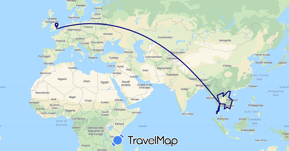 TravelMap itinerary: driving in United Kingdom, Cambodia, Laos, Thailand, Vietnam (Asia, Europe)